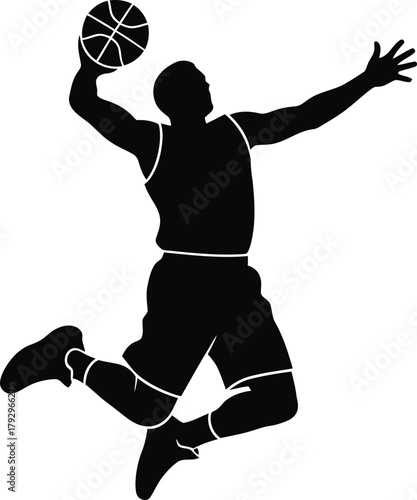 Silhouette of a basketball player performing a slam dunk