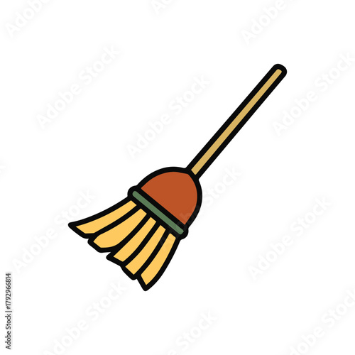 Colorful broom with wooden handle on white background Keywords: broom, cleaning, sweeping, tool