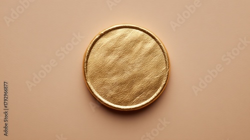 A round golden leather coaster placed on a smooth, soft background. Ideal for home decor or product photography.
