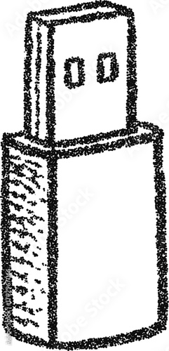 USB flash drive stick connector, vintage stipple dotwork vector illustration, monochrome engraving style technology icon