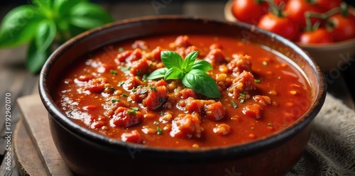Rich, vibrant beef tomato sauce simmering in a rustic pot, ready to be served Perfect for pasta, pizza, or as a hearty base for other dishes , tomatoes, dinner