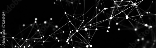 Abstract network of connected white dots and lines on a black background