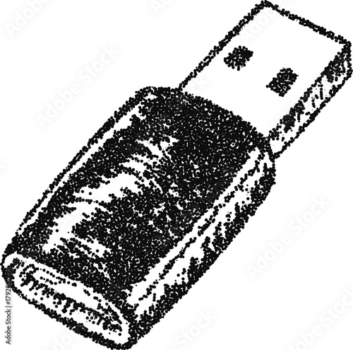 USB flash drive memory stick angled view, vintage stipple dotwork vector illustration, monochrome engraving style portable storage device