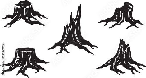 Rooted Icons: Minimalist Tree Stump Silhouettes. Tree Stump Icon Set Collection