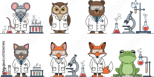 Adorable cartoon animals in lab coats conducting science experiments with beakers and microscopes, perfect for educational materials and playful designs.