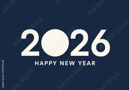 Flat illustration of happy new year 2026 text with a circle and navy background
