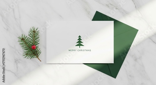 Minimalist christmas card with a simple green tree illustration and merry christmas text on a white card with a green envelope and pine sprig on a marble background