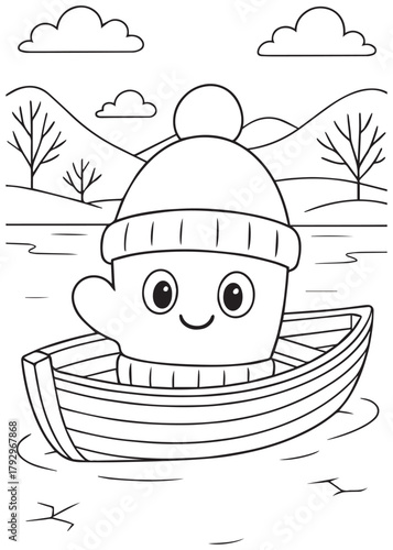 coloring book cheerful winter glove rowing a small boat on a snowy lake with mountains in the background