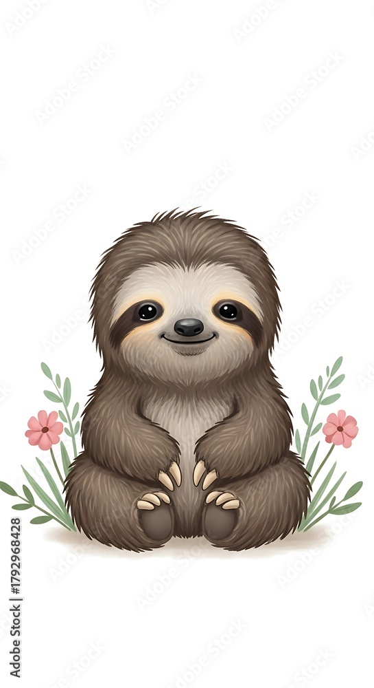 Fototapeta premium Adorable Baby Sloth with Flowers - A Charming Illustration.