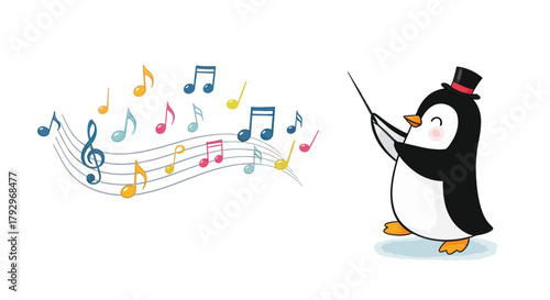 Charming conductor penguin orchestrating a symphony of colorful musical notes, bringing joy and harmony to any project.