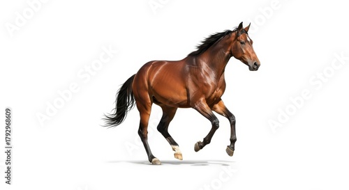 Brown Horse Galloping on White Background - A powerful brown horse gallops freely, symbolizing strength, agility, freedom, energy, and speed against a clean white backdrop