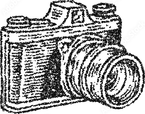 Vintage rangefinder camera with extended lens barrel, stipple dotwork vector illustration in monochrome engraving photography device