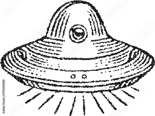 Flying saucer ufo with dome window and radiant beam, vintage stipple dotwork vector illustration in monochrome engraving sci‑fi craft