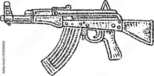 Assault rifle full length profile, vintage stipple dotwork vector illustration in monochrome engraving weapon silhouette