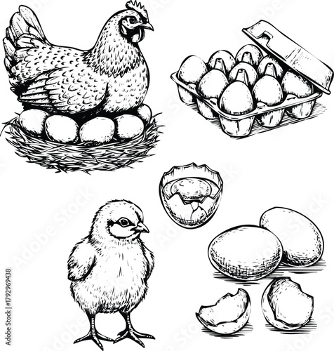 Chicken, chick, eggs in nest and carton, broken eggshells engraving art design