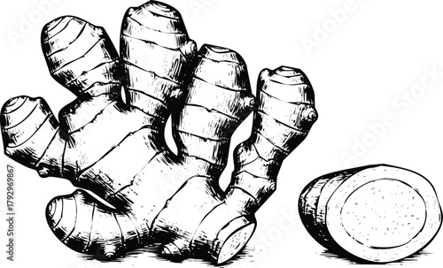 Fresh ginger root and slice, engraving art design