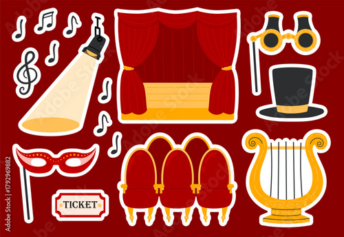 2025.10.08_theatre02Theater sticker pack. Theatre stage with red curtain, theatrical, mask, ticket, lyra, musical notes, hood and binoculars. Theatre Day. Flat Vector illustration