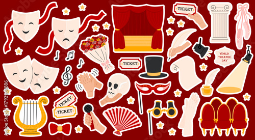 Theater sticker pack. Theatre stage with red curtain, theatrical comedy and drama mask, ticket, lyra, flowers, musical notes, pointe shoes. Theatre Day. Flat Vector illustration