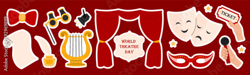 Theater sticker pack. Theatre red curtain, theatrical comedy and drama mask, ticket, lyra. Theatre Day stickers. Flat Vector illustration