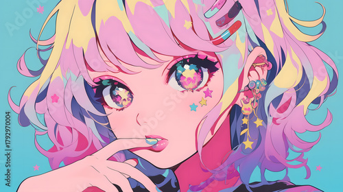 ポップでカラフルなかわいい女の子の顔のアップ、アニメ風イラスト
