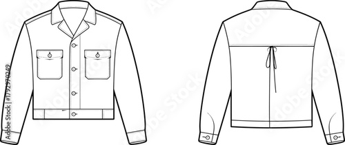 Button-down jacket technical sketch, front and back view, collared neckline, chest flap pockets, drawstring back detail, fashion flat, garment construction, vector illustration