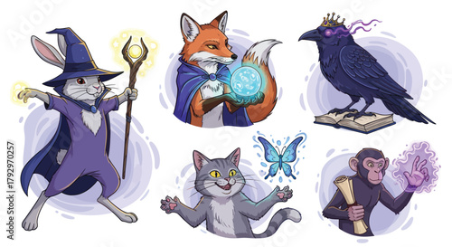 Whimsical fantasy characters including a wizard rabbit, fortune-telling fox, magical crow, enchanting cat, and sorcerer monkey casting spells.