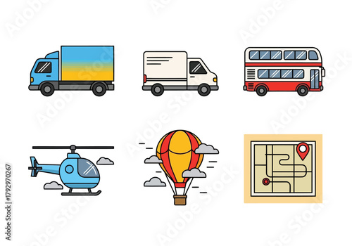 Collection of various modes of transportation including trucks, bus, helicopter, hot air balloon and map illustration