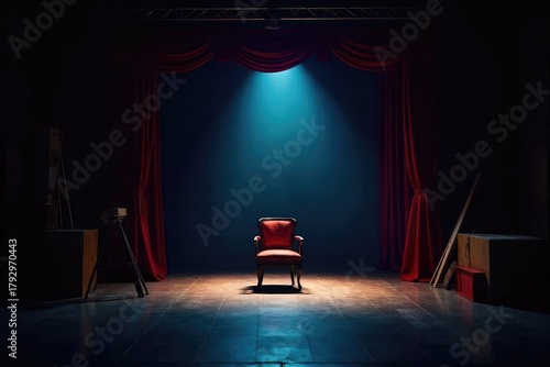 A dimly lit theater backstage, props scattered, a single spotlight illuminating an empty chair, suggesting a recent, mysterious departure , play, theatrical lighting