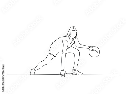 Continuous line art drawing of Female Basketball player ribbling ball. woman playing basketball in single outline illustration.