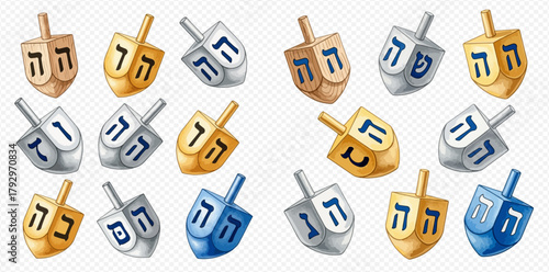 Collection of colorful dreidels with Hebrew letters, traditional Hanukkah spinning tops for Jewish holiday celebration.