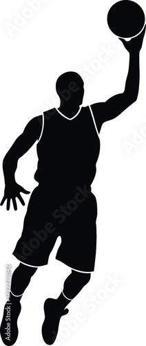 Silhouette of a basketball player mid air dunking a basketball