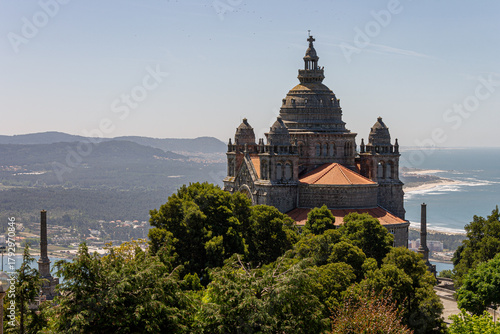 Viana do Castelo, Portugal. The Sanctuary of the Sacred Heart of Jesus, also known as the Mount of Santa Luzia, stands overlooking the Atlantic coast and the estuary of the Limia River