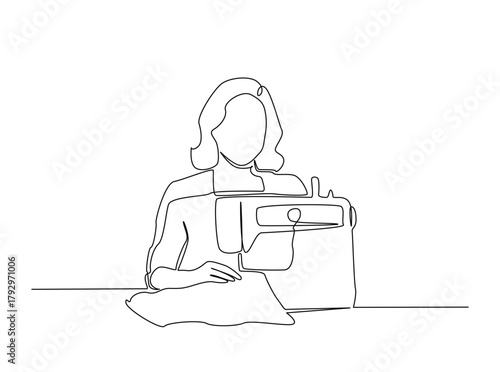 Continuous line art drawing of woman work with sewing machine. woman using sewing machine in single outline illustration.