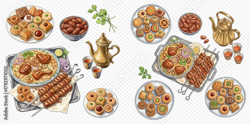 An overhead view of a traditional Middle Eastern feast featuring Mandi rice with chicken, grilled kebabs, various Arabic sweets, dates, and a golden dallah with small cups.