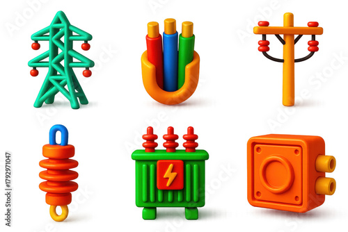3D Power Infrastructure Icons. 3D icon set of transmission infrastructure: high-voltage towers, underground cables, poles,
