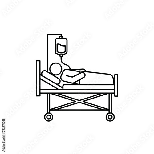 Flat illustration of patient lying in hospital bed with iv drip