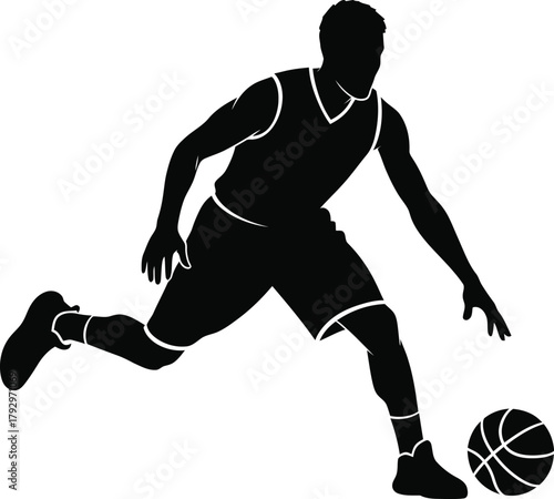 Silhouette of a basketball player dribbling the ball on a white background