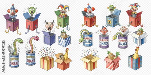 A collection of various surprise box and prank items, including jack-in-the-box clowns, monsters, animals, and snake cans.