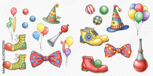 A vibrant collection of watercolor clown accessories including colorful shoes, hats, balloons, bow ties, and a horn, on a transparent background.