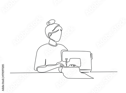 Continuous line art drawing of woman work with sewing machine. woman using sewing machine in single outline illustration.