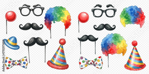 Collection of colorful party and clown photo booth props including rainbow wigs, mustaches, glasses, hats, bow ties, and red noses on sticks, duplicated for a fun celebration.