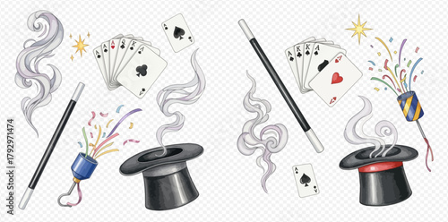Collection of magic show elements including a wand, playing cards, top hat, and party popper with smoke and confetti.