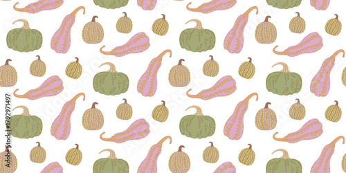 Simple autumn flat design featuring multicolored pumpkins in delicate tones arranged in a repeating pattern. Suitable for textiles, cotton fabrics, covers, wallpaper, prints, cards, and scrapbooking. 