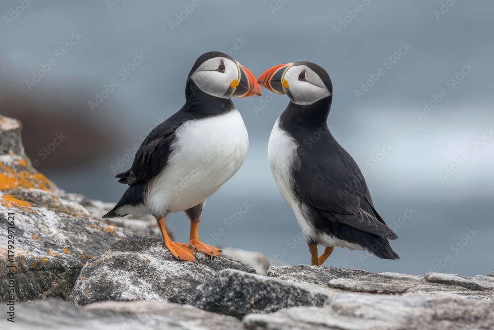 Fototapeta premium Close-up of puffins in affectionate courtship on rocky coast