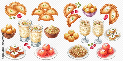 A vibrant watercolor illustration showcasing a variety of traditional Indian sweets and festive drinks.