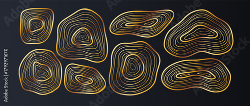 Organic abstract rings formed by smooth golden lines over a dark backdrop. Perfect for premium graphics, cards, fashion branding, and geometric background layouts.