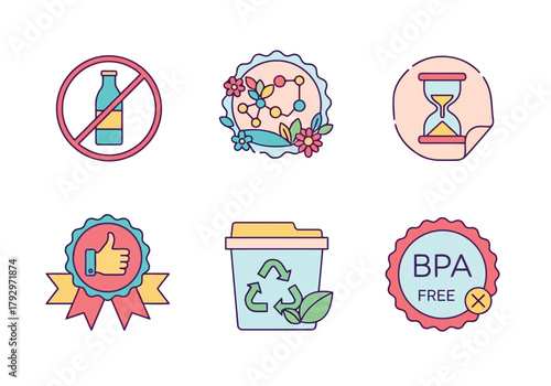 Set of six circular icons representing health, safety, and environmental consciousness with symbols for no alcohol, BPA free, recycling, and quality assurance