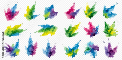 Collection of vibrant watercolor paint splashes and bursts in various abstract shapes and colors, isolated on a transparent background.