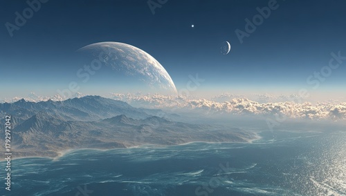 Alien world vista water, land, and two moons under a cerulean sky