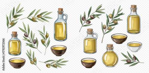 Watercolor illustration set of olive oil bottles, bowls, and olive branches with green and black olives on a transparent background.